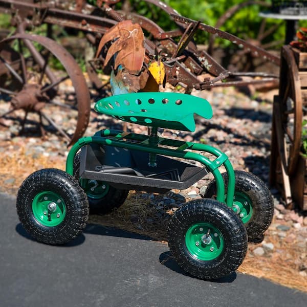 Sunnydaze Green Steel Rolling Garden Cart with 360-Degree Swivel