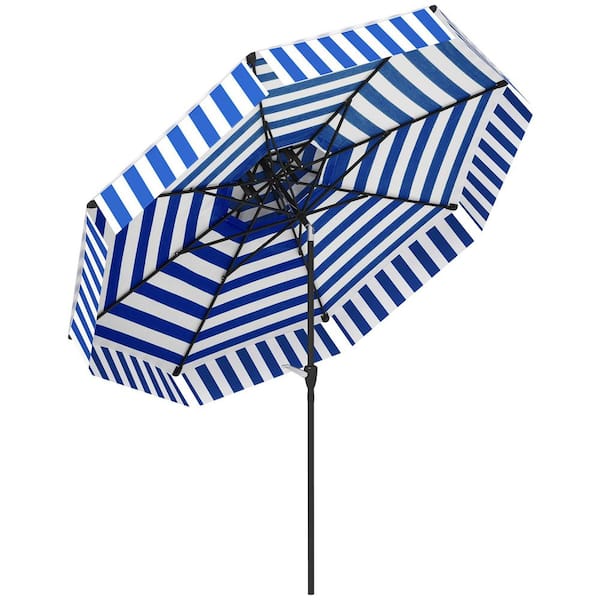 Outsunny 8.6 ft. Metal Outdoor Market Patio Umbrella, 2-Tier Vented Patio Table Umbrella with Crank 8 Ribs, in Navy Blue