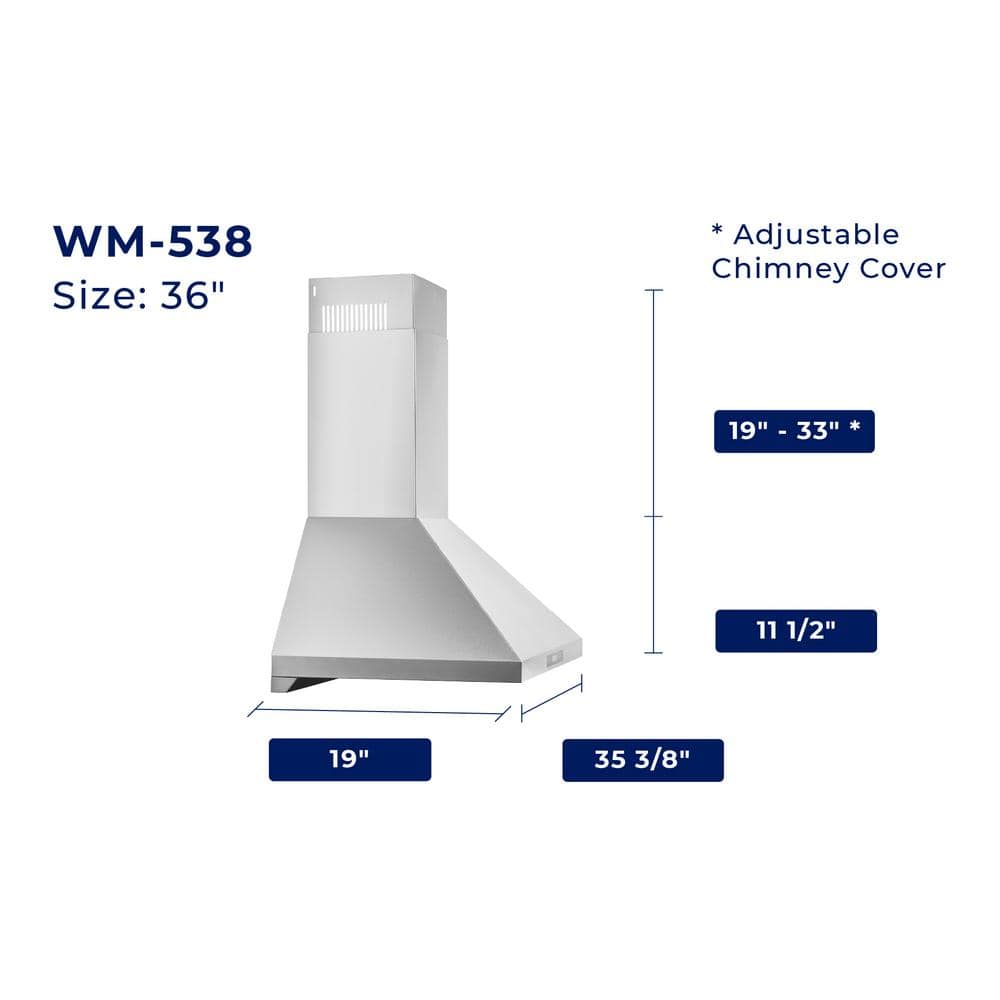 36'' Stainless Steel Convertible Wall Mount Range Hood with Charcoal Filter