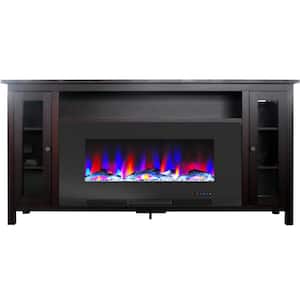 Brighton 69.7 in. Freestanding Electric Fireplace TV Stand in Mahogany with Driftwood Log Display