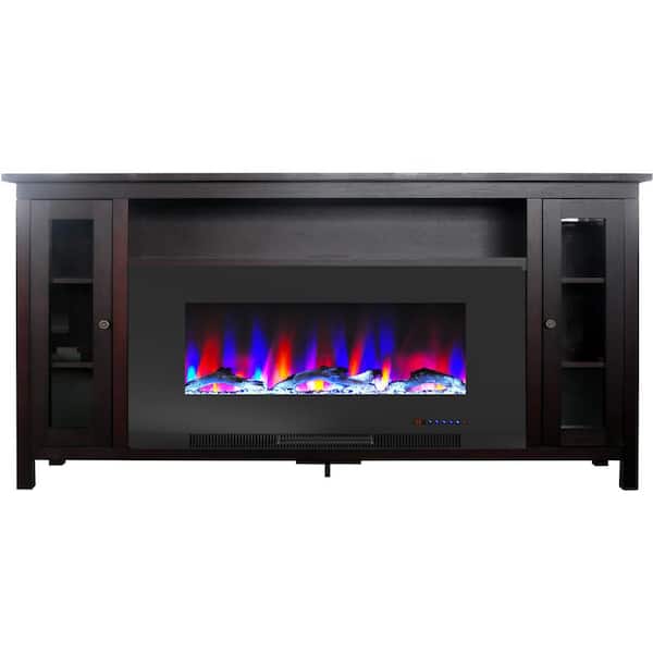 Hanover Brighton 69.7 in. Freestanding Electric Fireplace TV Stand in Mahogany with Driftwood Log Display