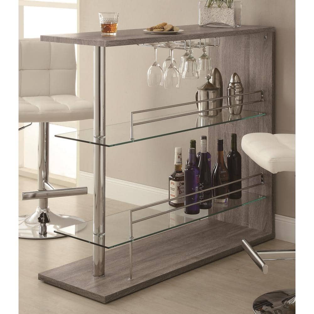 Weathered Gray and Chrome Rectangular Bar Unit with Glass Shelves