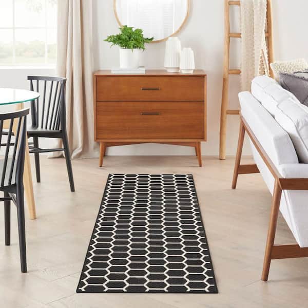 Reversible Indoor Outdoor Black 2 ft. x 6 ft. Honeycomb Contemporary Runner Area Rug