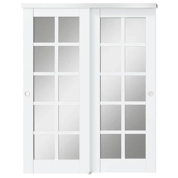 64 in. x 80 in. White, Solid Core, MDF Painted Double 10-Lite Mirrored Glass Bypass Sliding Door with Aluminium Hardware