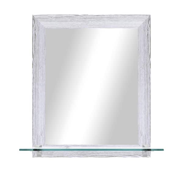 Unbranded 21.5 in. W x 25.5 in. H Rectangle Distressed White Vertical Framed Mirror With Tempered Glass Shelf/Chrome Bracket