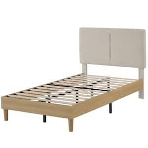 Upholstered Bed Frame with Linen Fabric Headboard, Strong Wood Slats Supports Platform Bed, Twin Size Bed, Beige