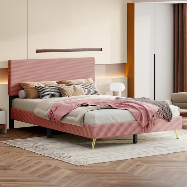 Harper & Bright Designs Pink Wood Frame Queen Size Corduroy Upholstered Platform Bed with Horizontal Stripe Headboard