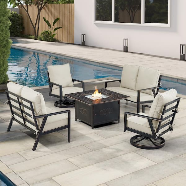 Oakland Living Black 6-Piece Aluminum Patio Fire Pit with 2-Deep Seating Loveseat and 2-Club Chairs Light Grey Cushions