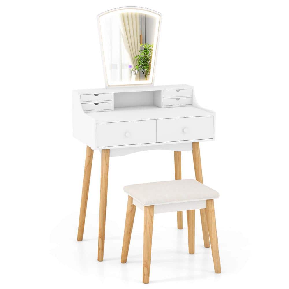 Costway - Vanity Desk with Mirror Lights Power Outlets 4 Open Shelves 3 Storage Drawers - White - Thumbnail 2