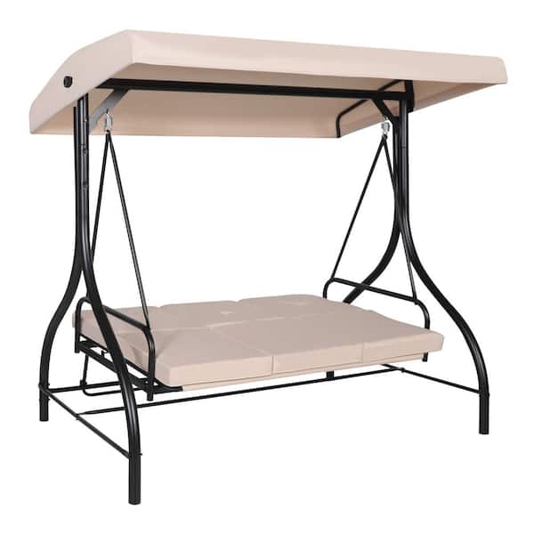 VEIKOUS 3-Person Metal Patio Swing with Converting and Adjustable Canopy and Upgraded Thickened Cushions in Brown