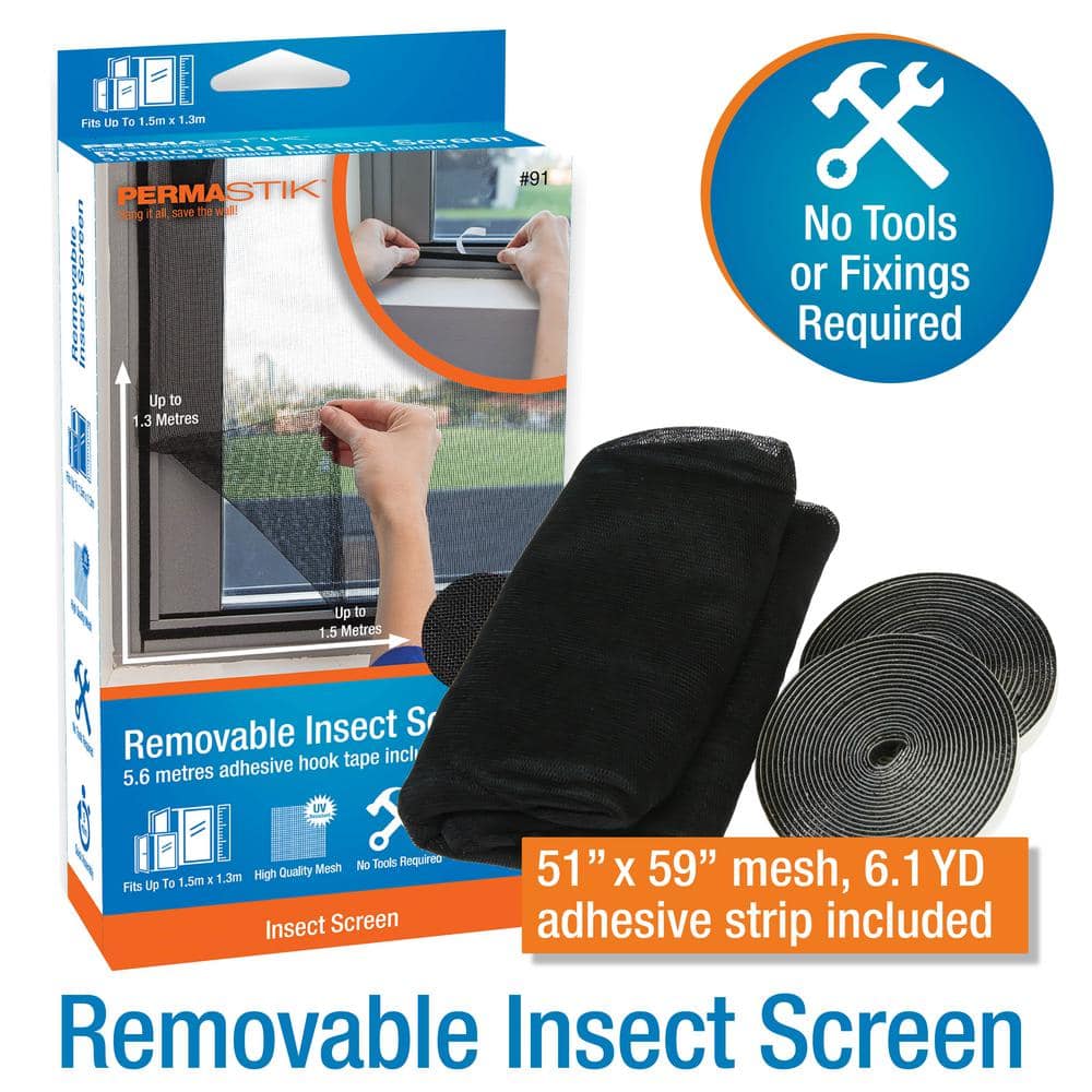 Insect Proof Windows 51.2 in. x 59.1 in. Black UV Resistant Fiberglass Mesh Removable Insect ...