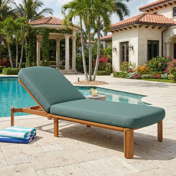 Patio Wood Outdoor Chaise Lounge with Green Cushions with Adjustable Backrest