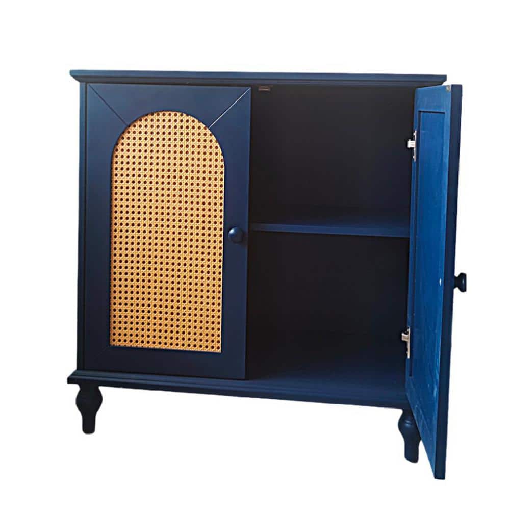 31.5 in. W x 15.7 in. D x 32.3 in. H Blue Linen Cabinet with Rattan Doors a