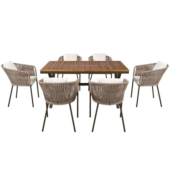 Runesay 7-Piece Wood Outdoor Dining Set with Beige Cushion Dining Table and Chairs, Acacia Wood Tabletop, Metal Frame in Beige