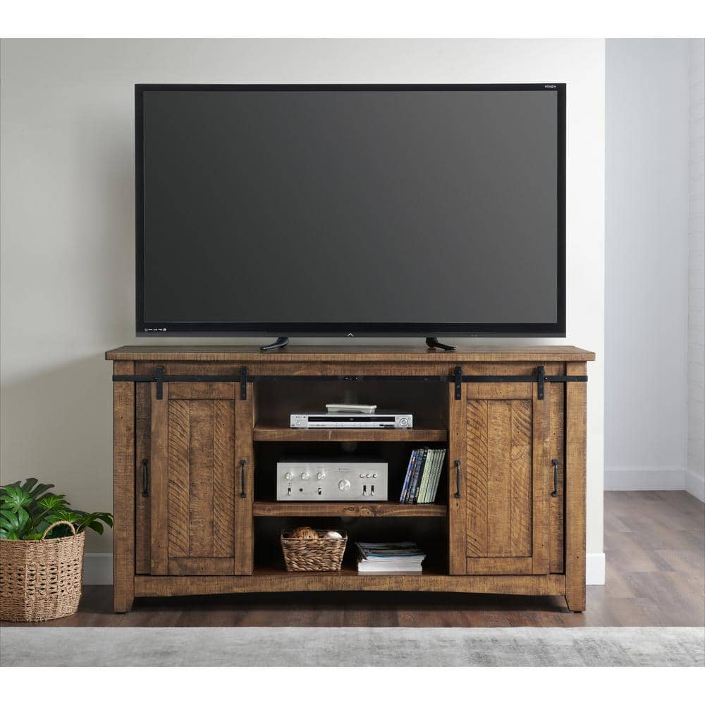 Rustic Pine and Black Metal Mesh 65" TV Stand with Cabinet