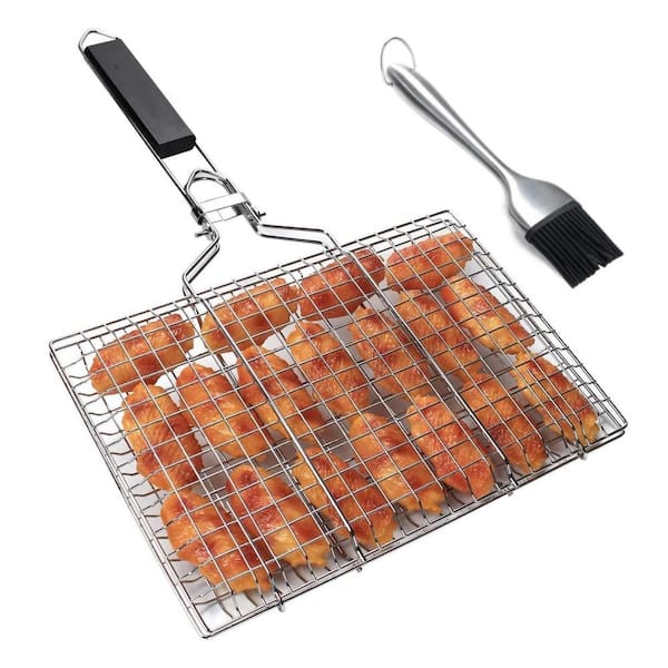 Stainless Steel Grilling Basket with Basting Brush for Grilling Fish, Vegetables, Shrimp and BBQ Foods (3-Pack)