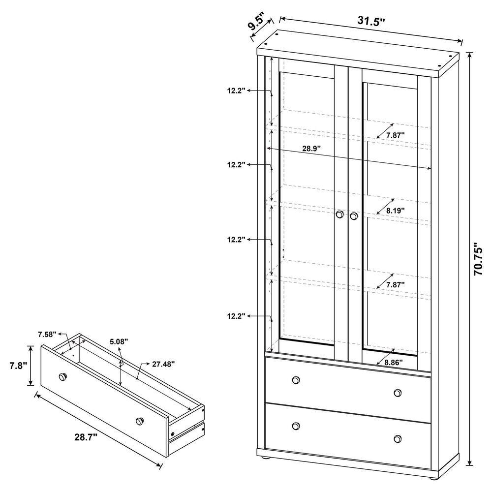 White and Light Brown Glass Door Curio Cabinet with Drawers