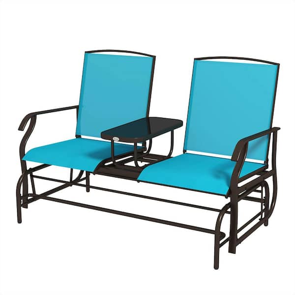 1-PC Blue Metal Outdoor Glider Bench with Center Table, 2-Person Metal Frame Loveseat, Breathable Mesh Fabric & Armrests
