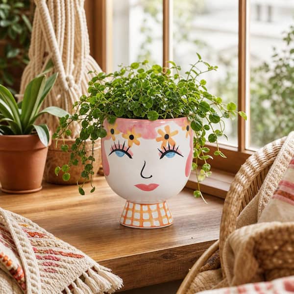 Pink Ceramic Round Pretty Eyelash Flower Decorative Planter (6 in. W x 7 in. H)