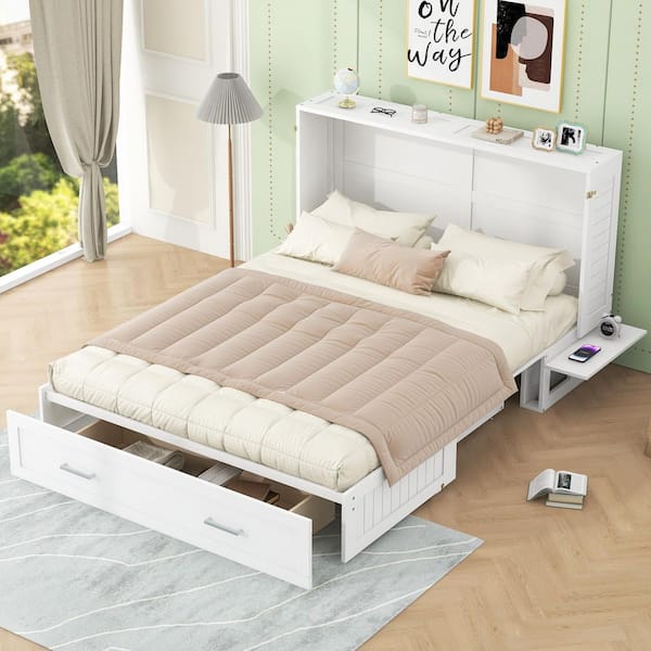 White Mobile Wood Frame Queen Size Murphy Bed with Drawer and Little Shelves on Each Side