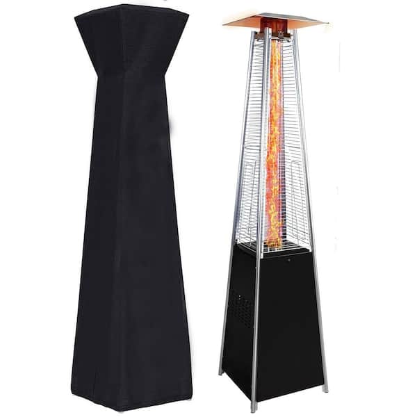 48,000 BTU Stainless Steel Pyramid Flame Black Propane Standing Patio Heater with Detachable Wheels, Protective Cover