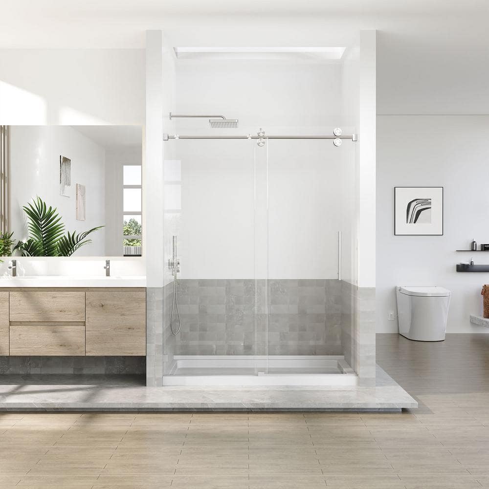 60-Inch Frameless Sliding Shower Door with Brushed Nickel Finish