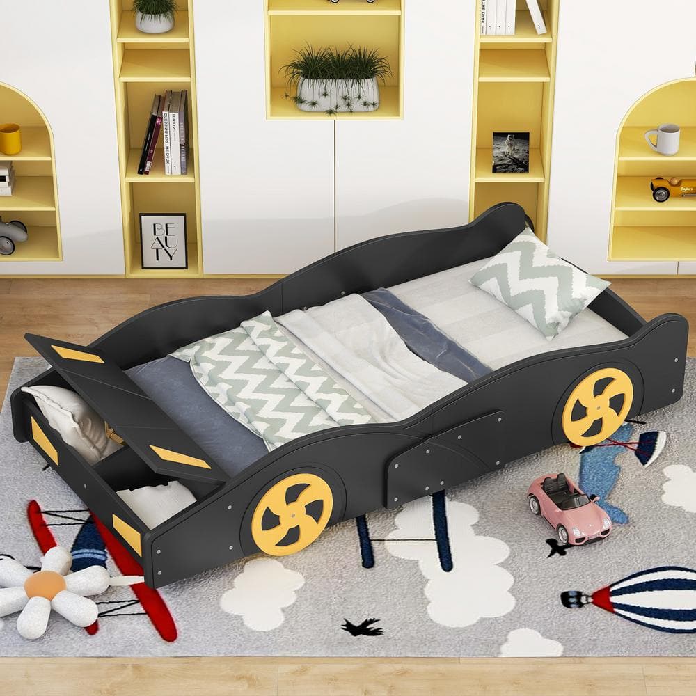 Black Wood Frame Twin Size Race Car Shaped Platform Bed with Wheels and Storage