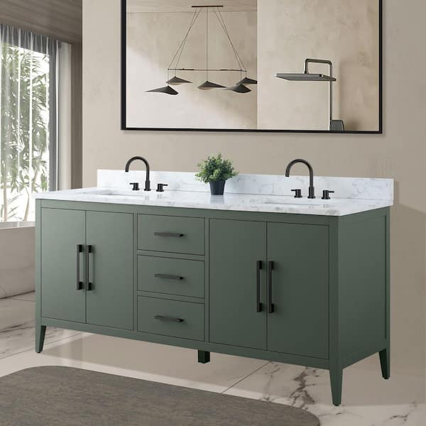 72 in. W x 22 in. D x 34 in. H Double Sink Bathroom Vanity Cabinet in Vintage Green with Engineered Marble Top