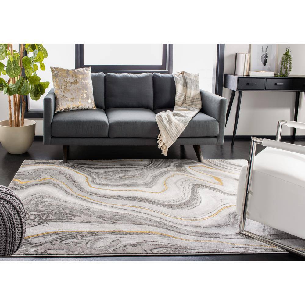 Elegance Abstract Grey and Gold 62" Synthetic Area Rug