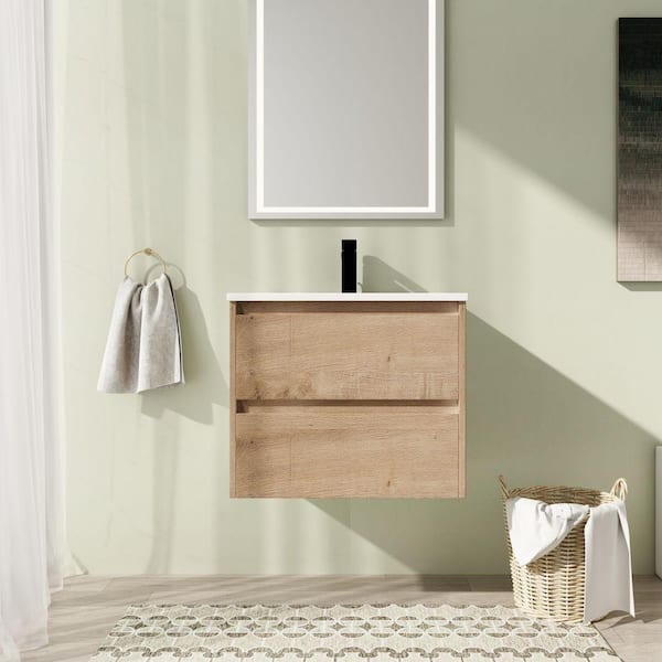 24 in. Wall-Mounted Single Oak Bath Vanity with White Ceramic Vanity Top Unassembled