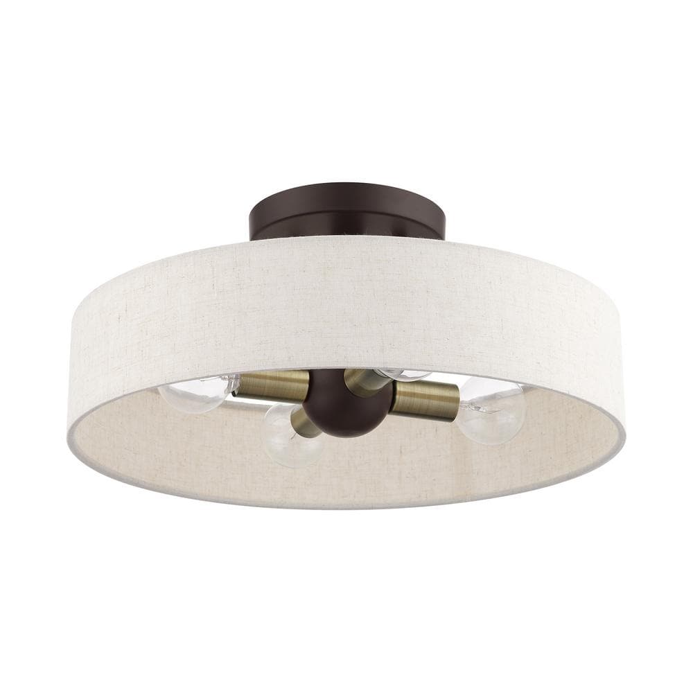 Bronze Antique Brass 4-Light Drum Semi-Flush Mount with Oatmeal Shade