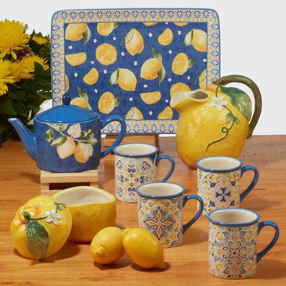 Blue Ceramic Lemonade Teapot with Floral Design