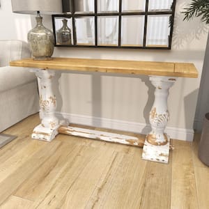 59 in. White Large Rectangle Wood Distressed Console Table with Brown Wood Top