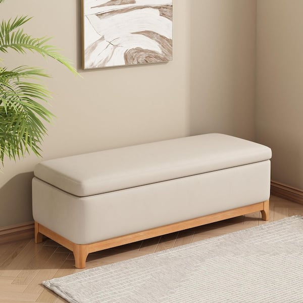 Antonio Modern Beige PU Leather Upholstered Rectangle Accent Ottoman Storage Bench