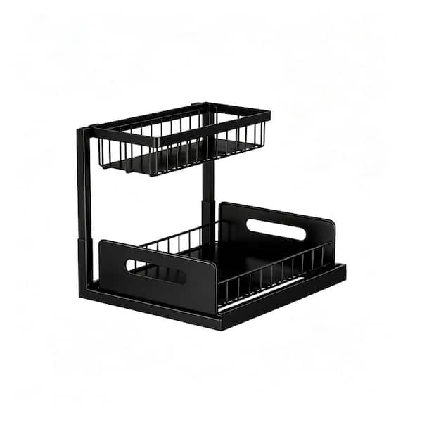 2-Pack Black L Shaped Under Sink Pull Out Organizer, 2 Tier Metal Slide Shelf for Kitchen and Bathroom Cabinet Storage