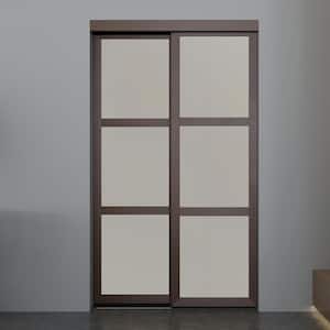 48 in. x 80.5 in. 3-Lite Indoor Studio MDF Wood Mocha Frame with Frosted Glass Interior Sliding Closet Door