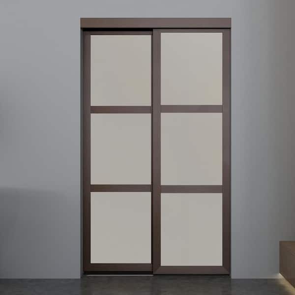 Colonial Elegance 72 in. x 80.5 in. 3-Lite Indoor Studio Mocha MDF Wood Frame with Frosted Glass Interior Sliding Closet Door