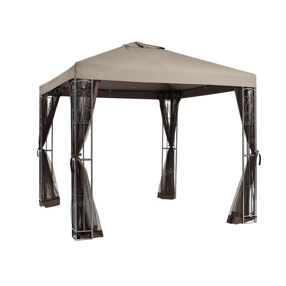 Beige Steel 8' x 8' Patio Gazebo with Mosquito Net