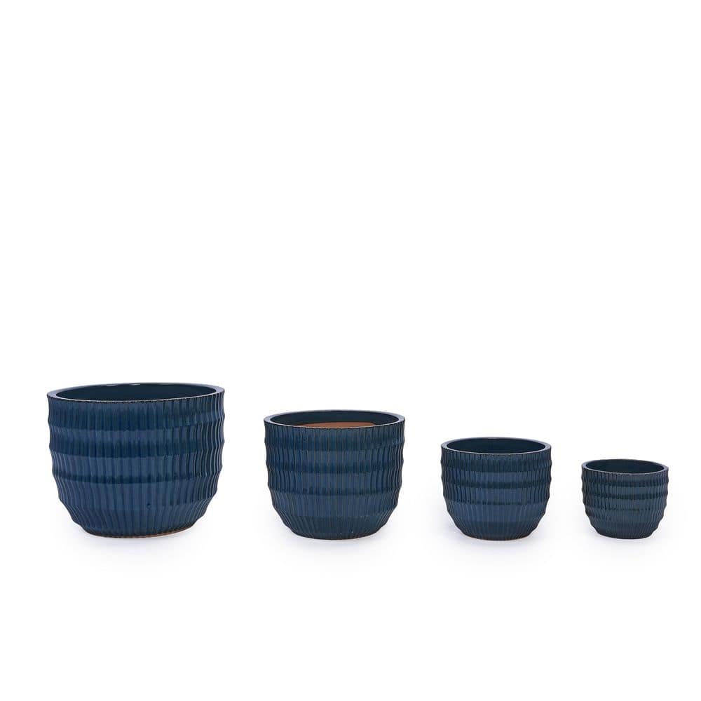 Set of 4 Antique Blue Ceramic Planters-Glossy Modern Flowerpots with Drainage Hole for Indoor & Outdoor Decor price history on PriceWatchPro