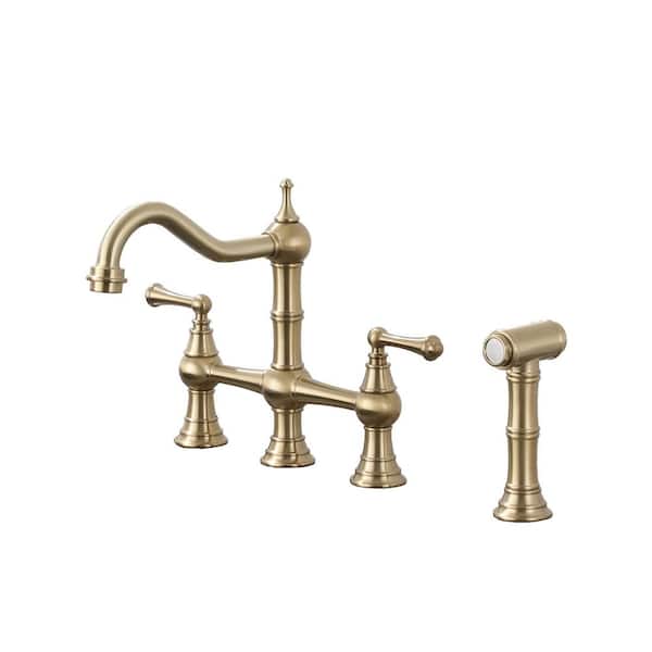 2-Handle Bridge Kitchen Faucet with Side Spray and Ceramic Spool in Brushed Gold