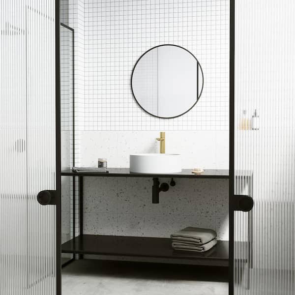 Matte Stone Round Vessel Bathroom Sink in White and Gotham Faucet in Matte Black