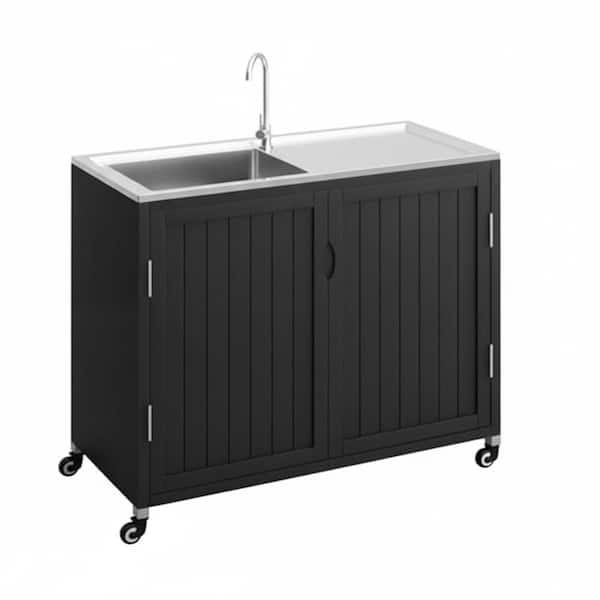 Solid Wood 304 Stainless Steel 19.6 x 39.3 x 32.6 in. Outdoor Kitchen Cabinet with Sink Movable Island Cart with Wheels