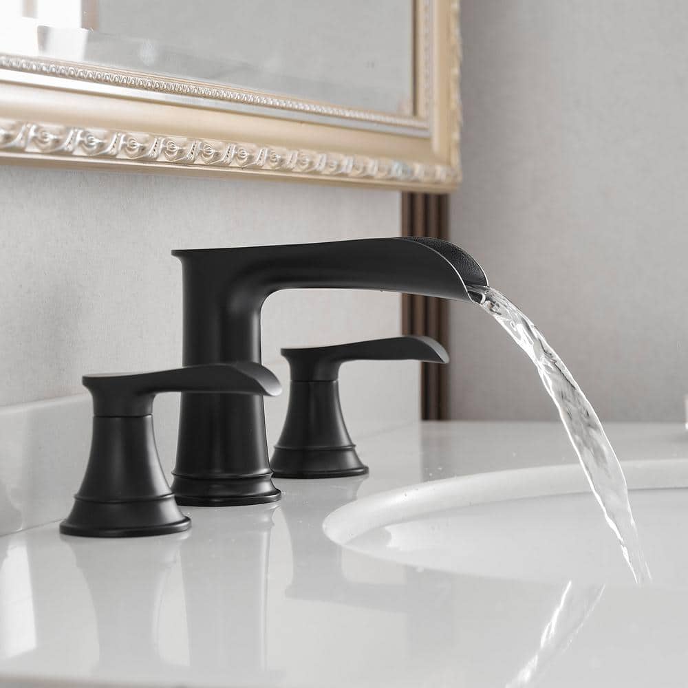 Matte Black Brass 8-Inch Widespread Waterfall Bathroom Faucet