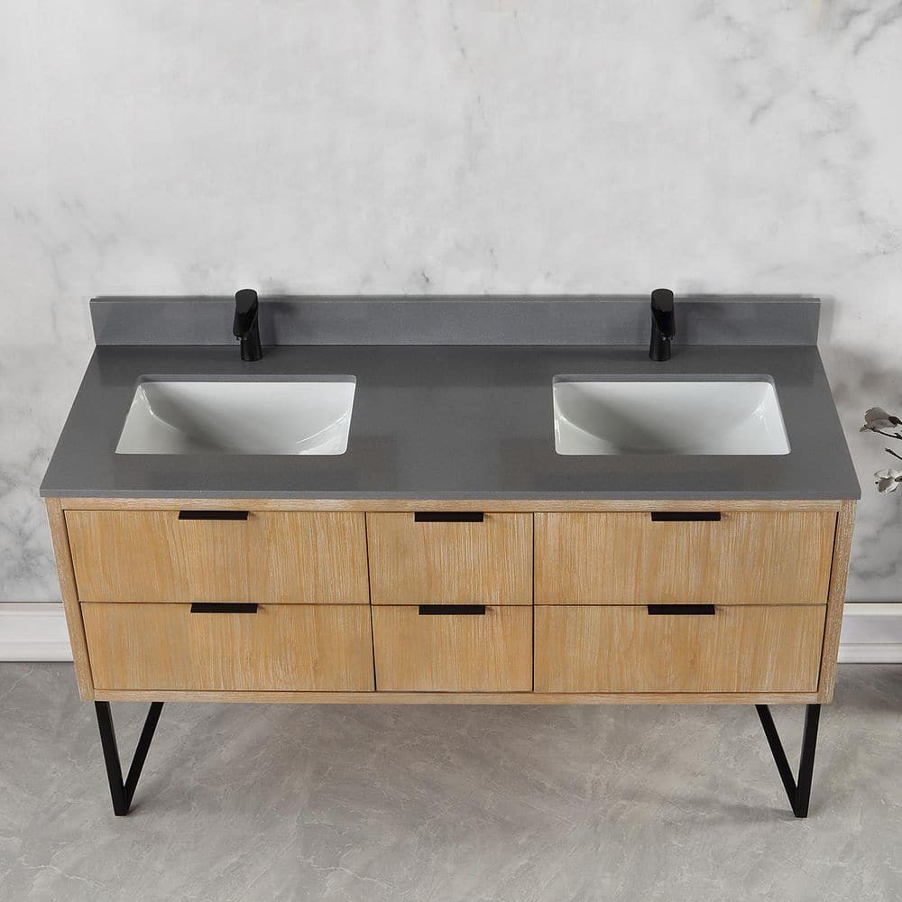 Helios 60" Double Weathered Pine Vanity with Concrete Gray Countertop