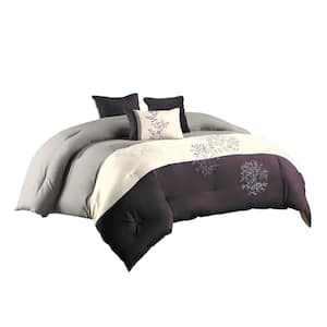7-Piece Purple and Gray Floral Polyester King Comforter Set
