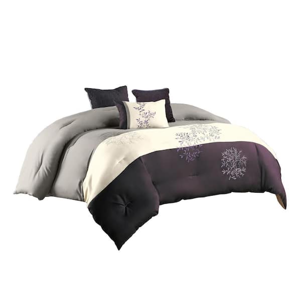Benjara 7-Piece Purple and Gray Floral Polyester King Comforter Set