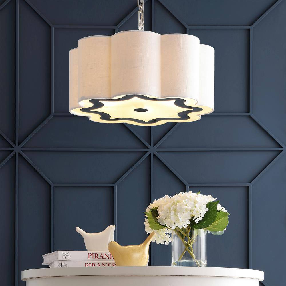 Polished Chrome 20" Drum Pendant with Scalloped Linen Shade and LED Bulbs
