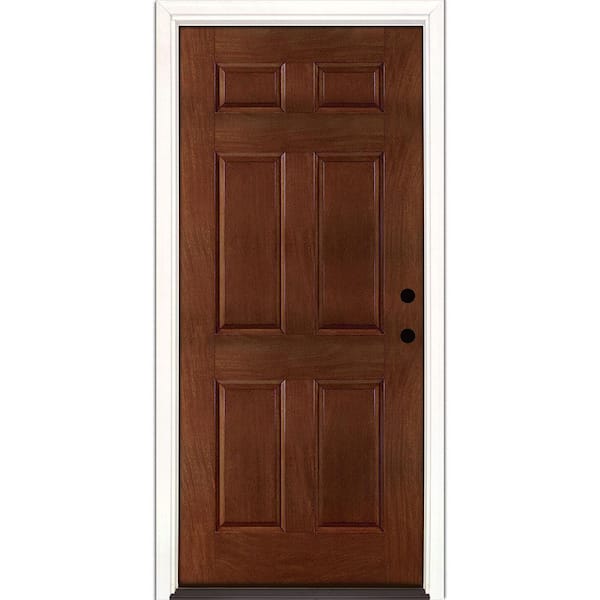 Feather River Doors 37.5 in. x 81.625 in. 6-Panel Stained Chocolate Mahogany Left-Hand Inswing Fiberglass Prehung Front Door