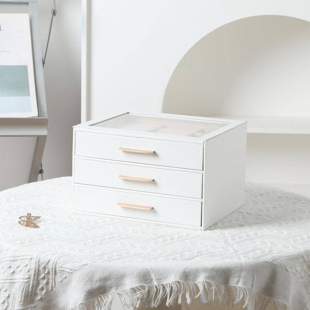 ホワイトアクセサリーケース 6.7 x 5.7 in. White PU Leather Jewelry Box with Clear Lid, 3-Layer