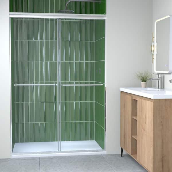 KeepTech Semi-Frameless Shower Door 50-54 in. W x 70 in. H 1/4 in. Tempered Glass Chromed Dual Slide Towel Bar L/R Install